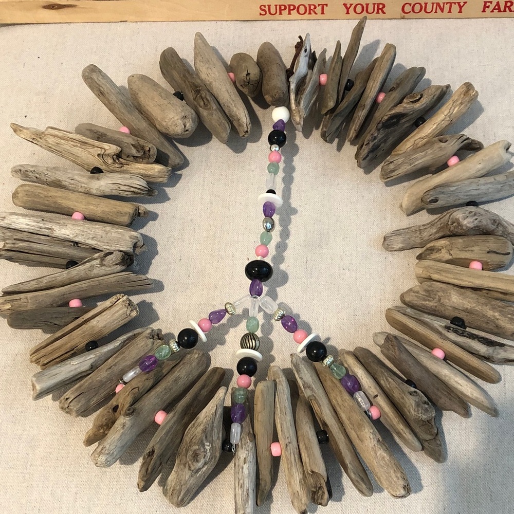 Handmade 16” Diameter Boho Beach Driftwood Wreath with Beaded Peace Sign NEW